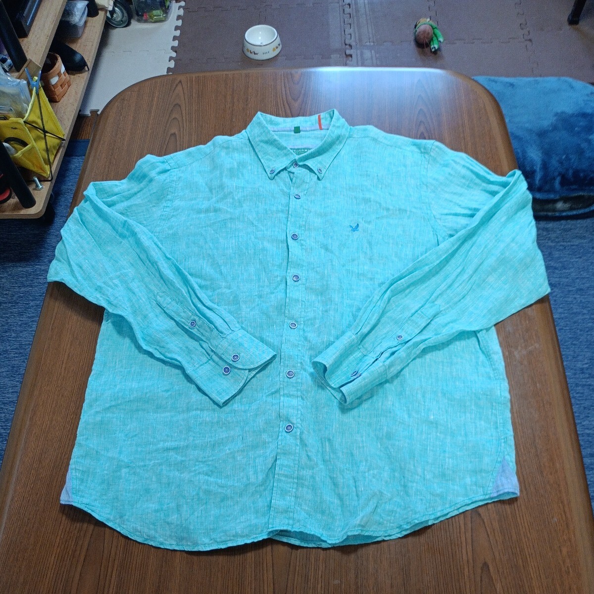 NEW OXFORD　シャツ(長袖)　XXLサイズ　淡緑薄いグリーン　ボタンダウン　胸ポケット無し　麻１００％　春夏コレクション_画像1
