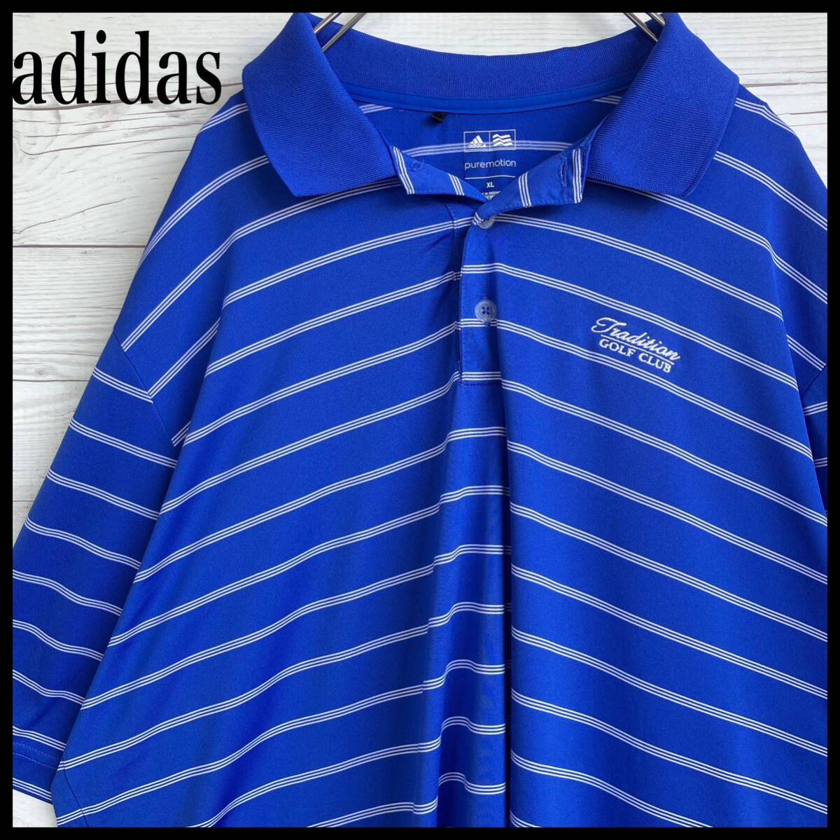 アディダス ロゴ刺繍 ポロシャツ テーラード XL ブルー 半袖ポロシャツ ゴルフウェア ボーダー GOLF 半袖_画像1