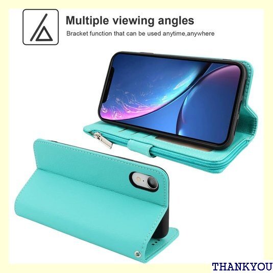 Eastwave アイフォン XR ケース 財布型 i ファスナーポケット付き PUレザー 5色 ライトグリーン 222の画像6