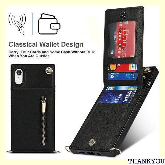 iPhone XR ケース 手帳型 ショルダー クロス ィケース カード入れ スマホケース 携帯カバー ブラック 446