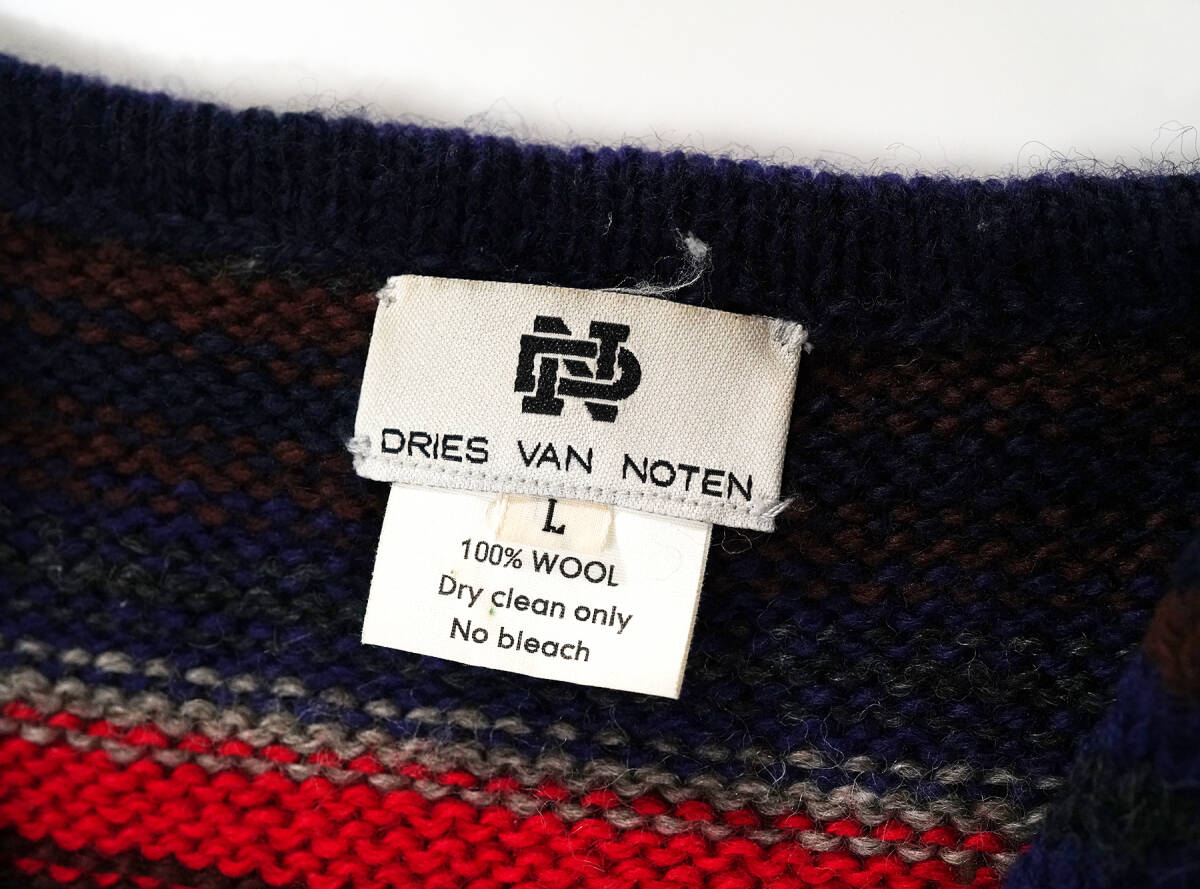 「 80s 90s DRIES VAN NOTEN ウール ニット ベスト マルチカラー 前開き Lサイズ 」ドリスヴァンノッテン メンズ 初期タグ_画像8