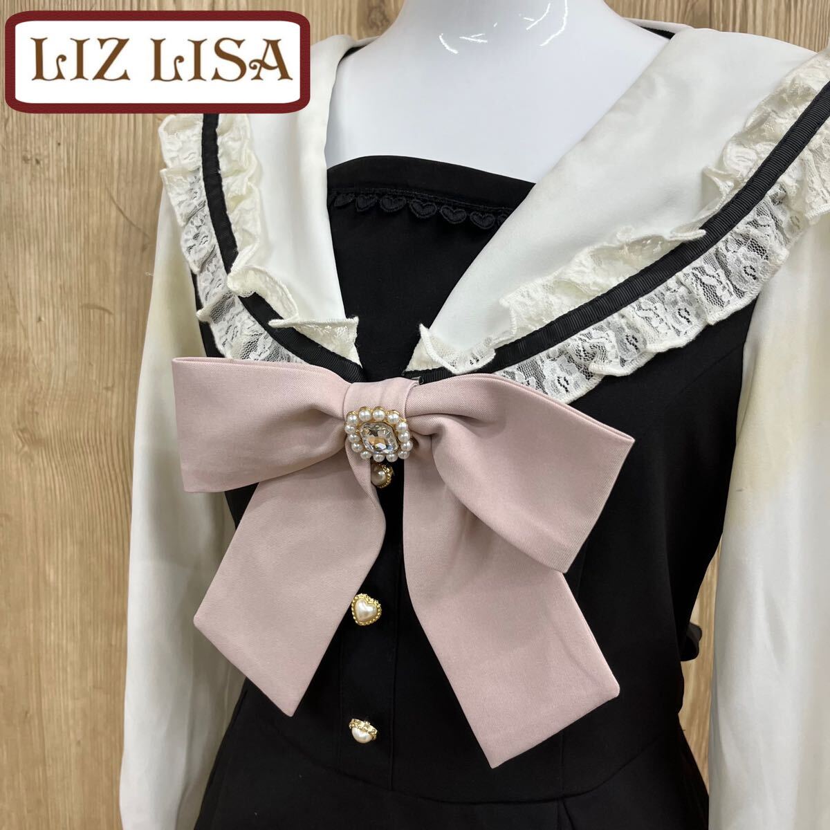 M■ LIZ LISA リズリサ レディース セーラーカラー セットアップ ミニワンピース ハーフパンツ ブラック ホワイト 黒白 リボン付き Oサイズ_画像1