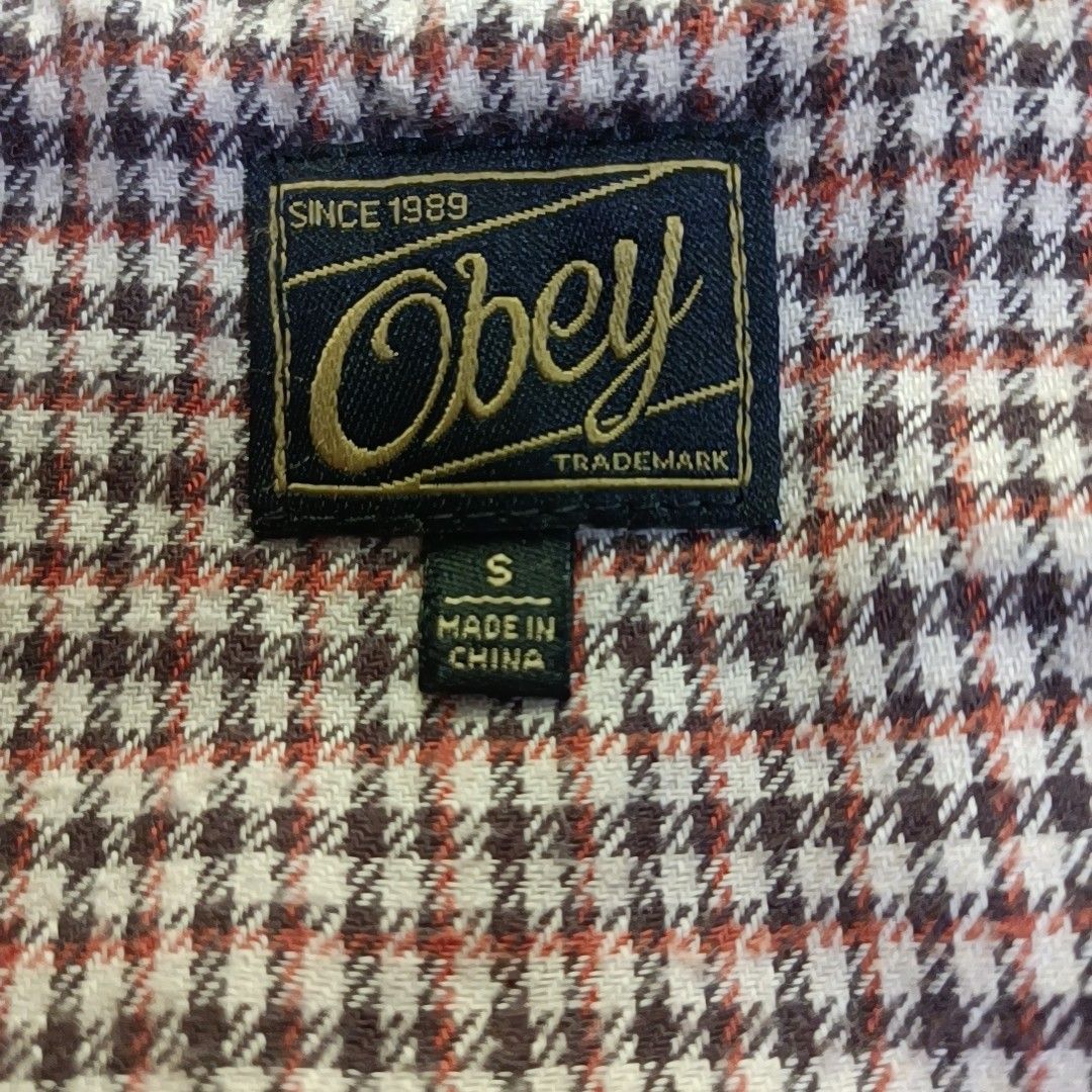 obey オベイ MA-1 ブルゾン ノーカラージャケット 裏地チェック 刺繍ロゴ 裏地チェック コットン ナイロン Sサイズ