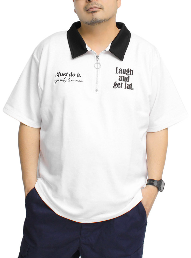 【新品】 3L ホワイト ハーフジップ 半袖 Tシャツ メンズ 大きいサイズ 襟付き 配色 ポンチ素材 ロゴ 刺? プリント カットソー_画像1