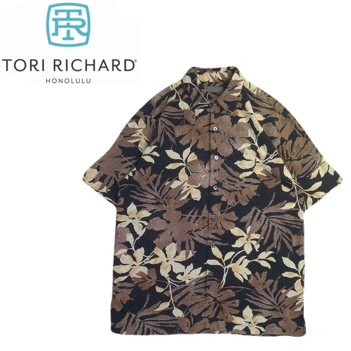 極美品 老舗ブランド 好配色 TORI RICHARD シルク100% ボタニカル 総柄 半袖アロハシャツ ハワイアン メンズL トリリチャード 黒 2405104_画像1