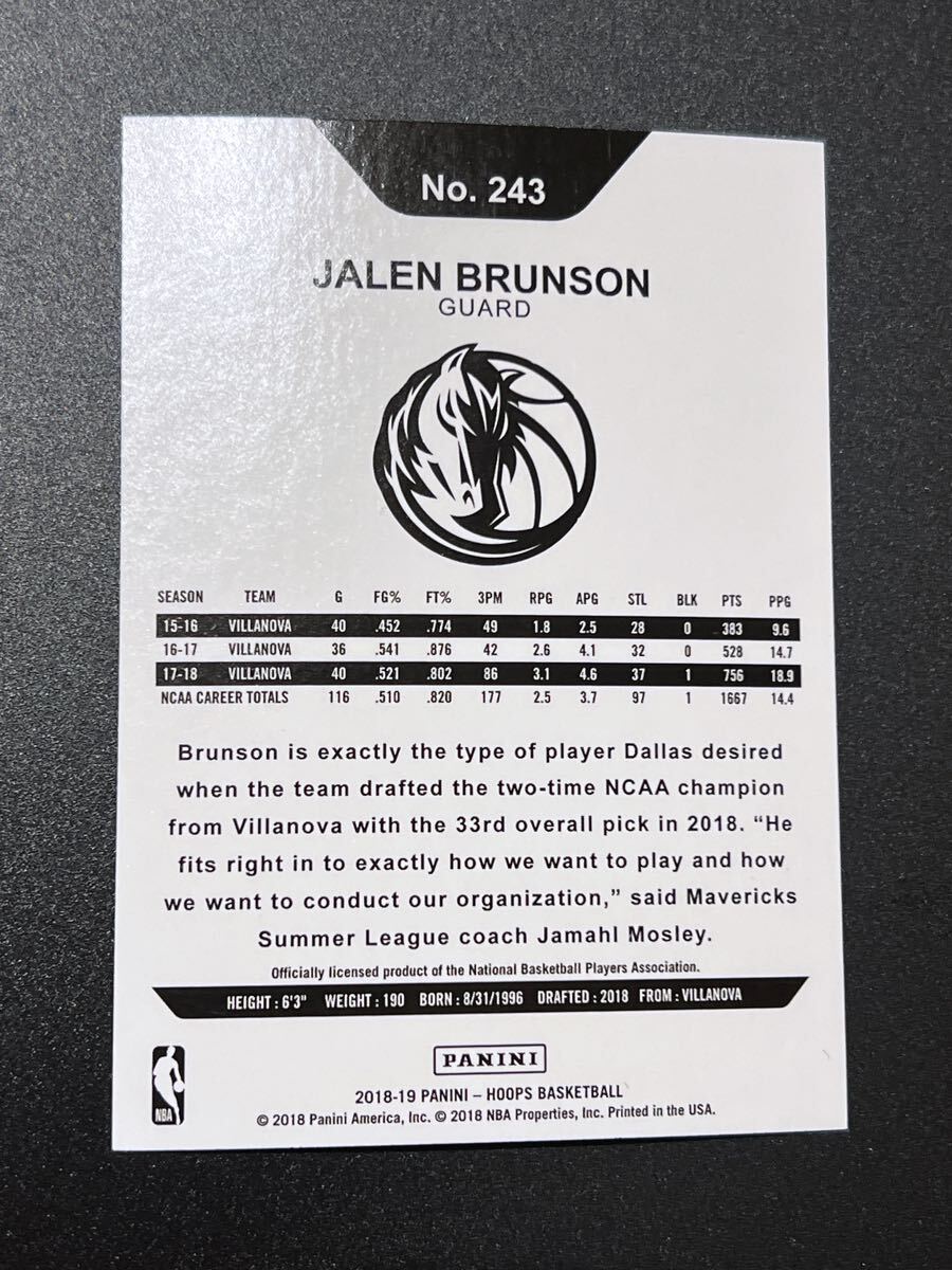 JALEN BRUNSON RC 2018-19 PANINI Hoops basketball NBA ジェイレンブランソン ルーキーカードの画像2