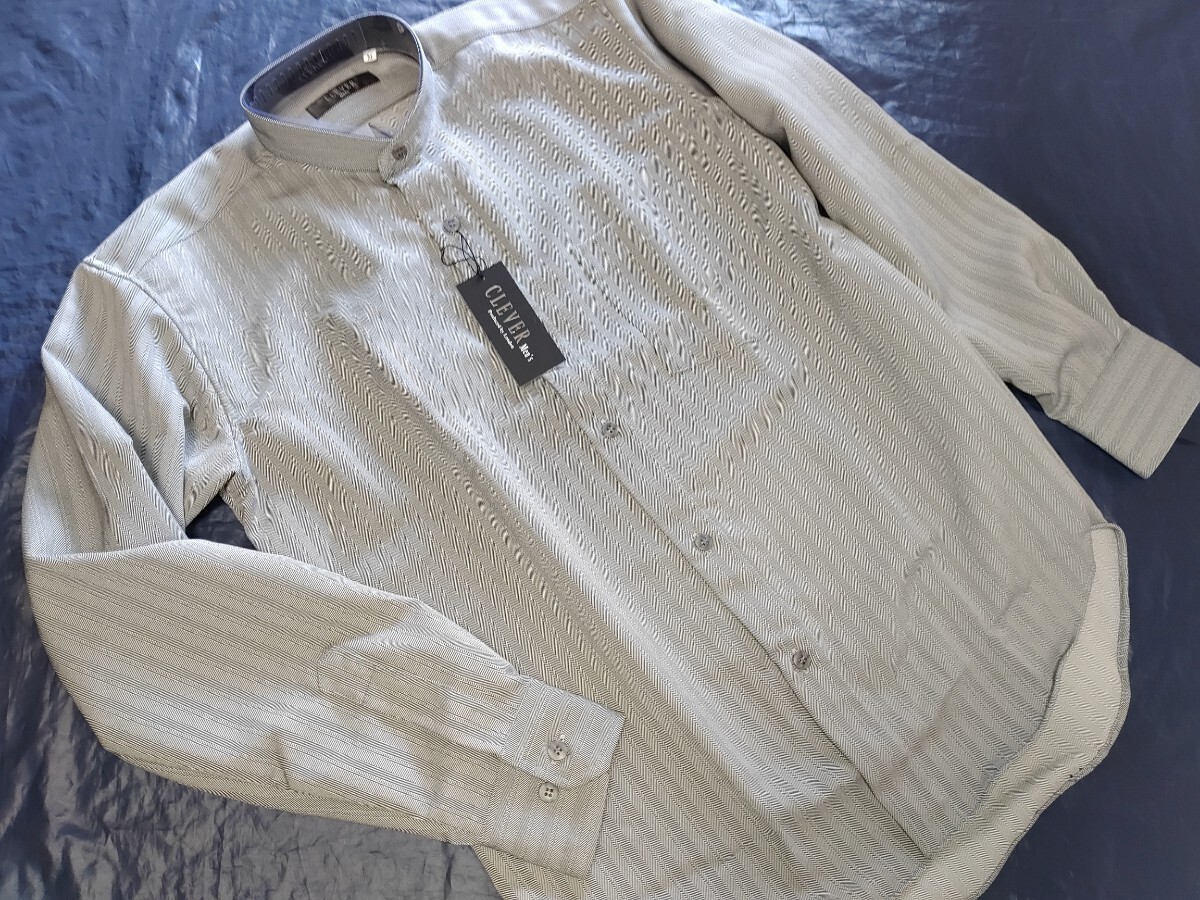 Ｌ寸・新品／日本製・スタンドカラーシャツ■グレー色ヘリンボーン柄の画像4