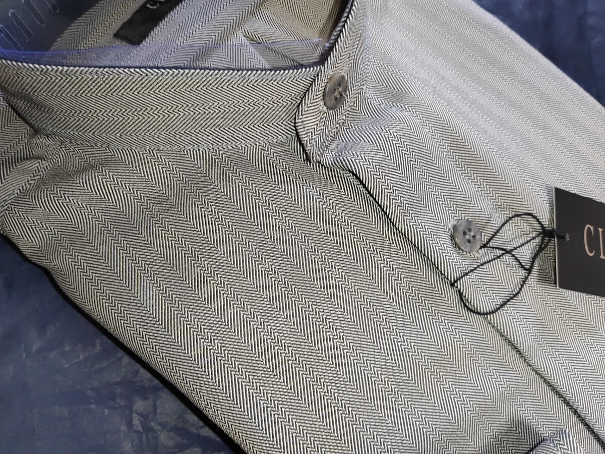 Ｌ寸・新品／日本製・スタンドカラーシャツ■グレー色ヘリンボーン柄