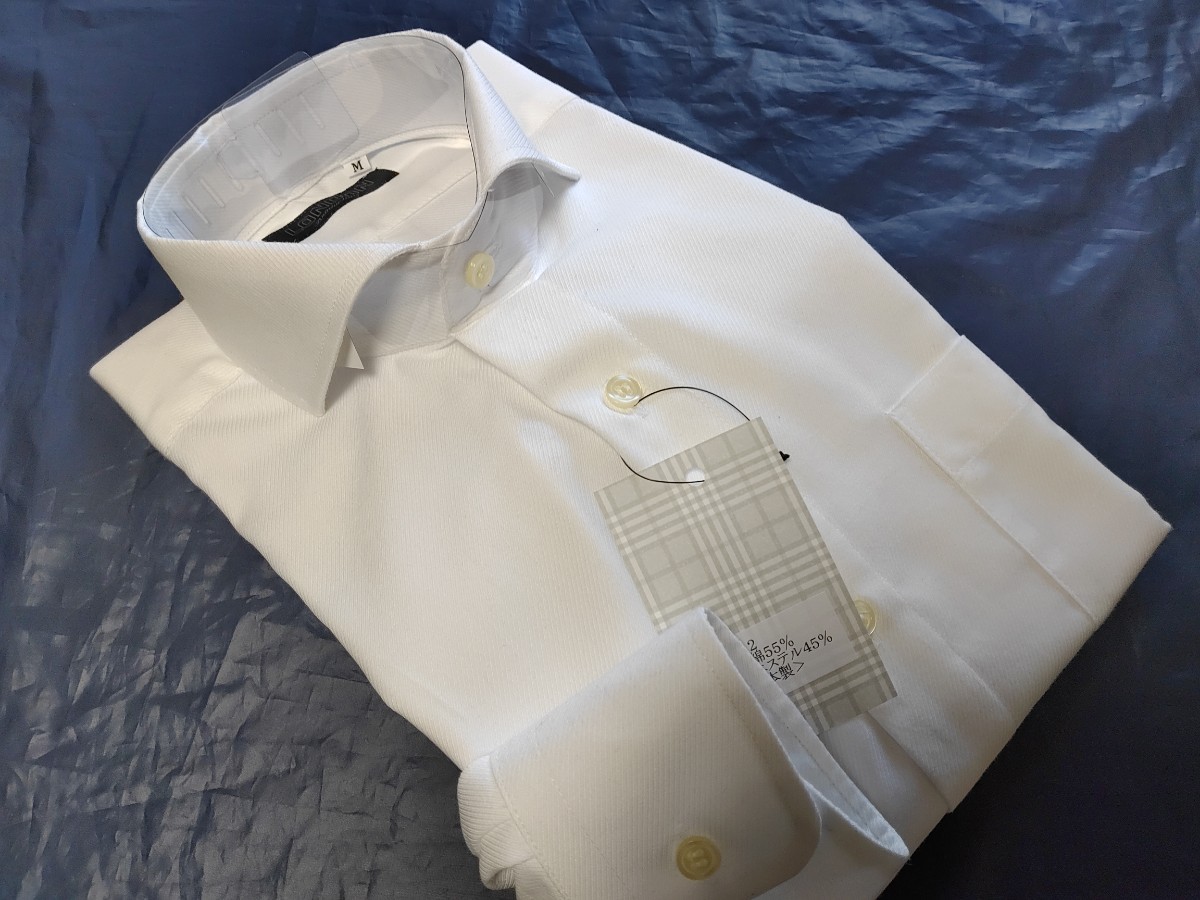 Ｌ寸・新品／日本製・無地ホリゾンタルカラーシャツ■白色マイクロドビー