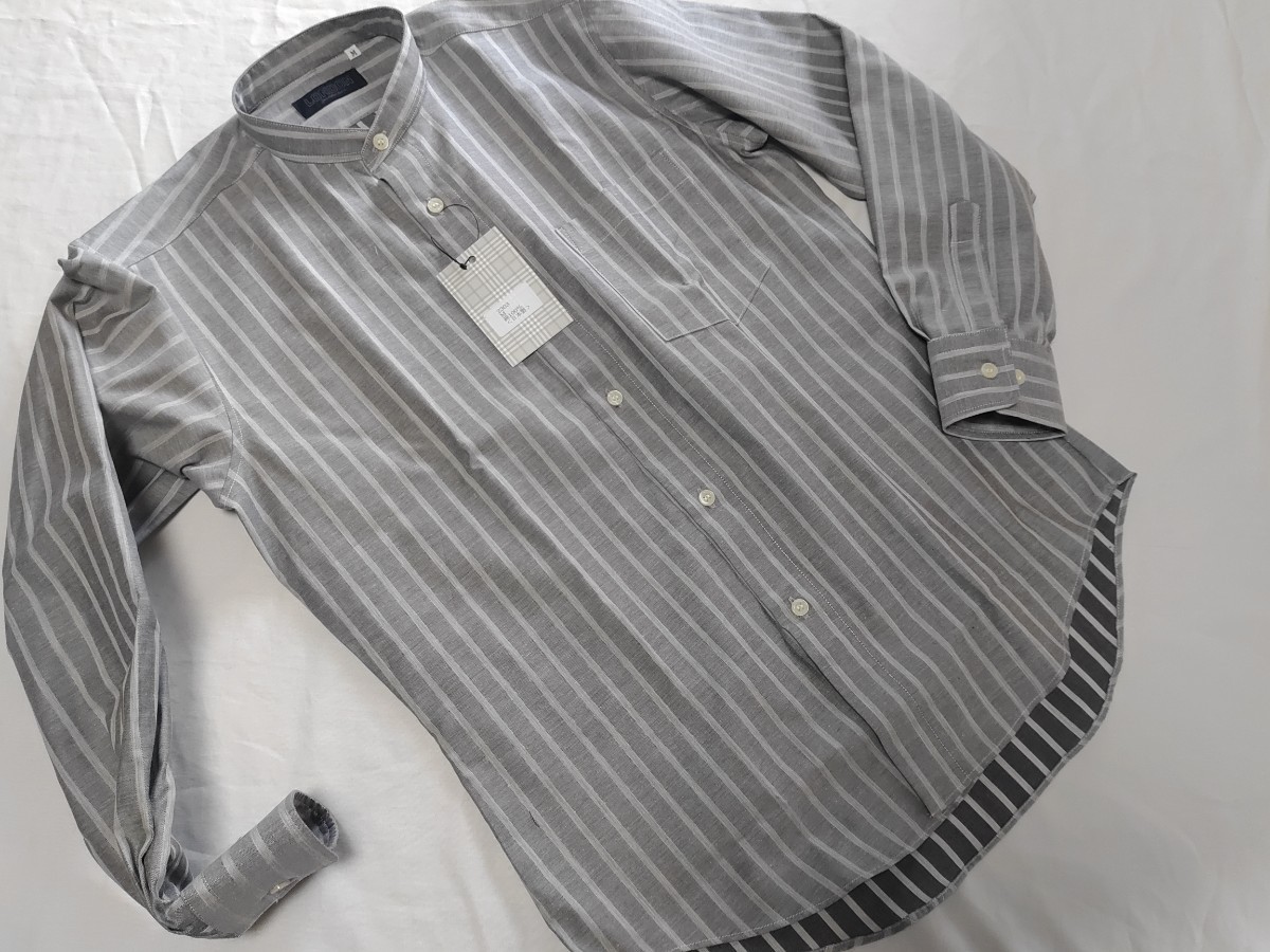 Ｌ寸・新品／日本製・スタンドカラーシャツ■グレー色ロンドンストライプ_画像4