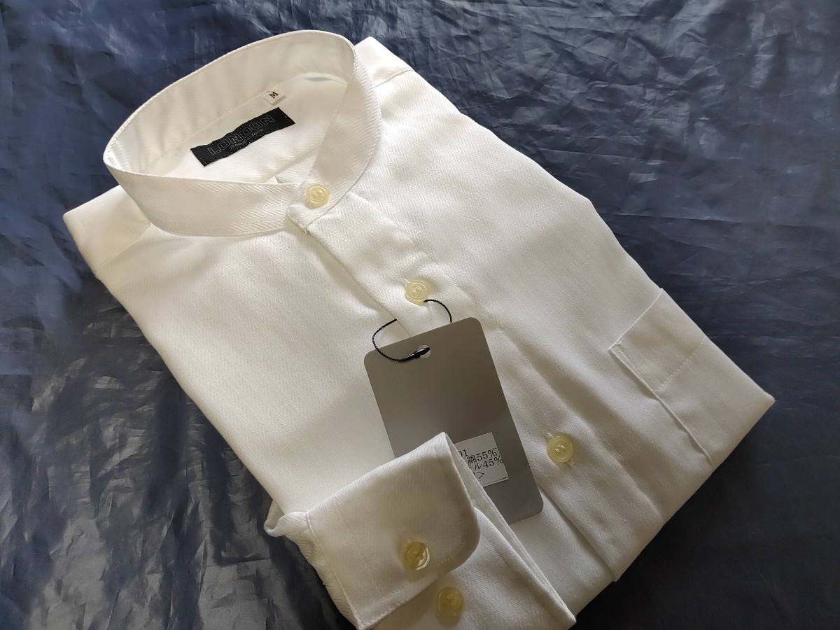 M寸・新品／日本製・形態安定スタンドカラーシャツ■オフホワイト色ドビー_画像1