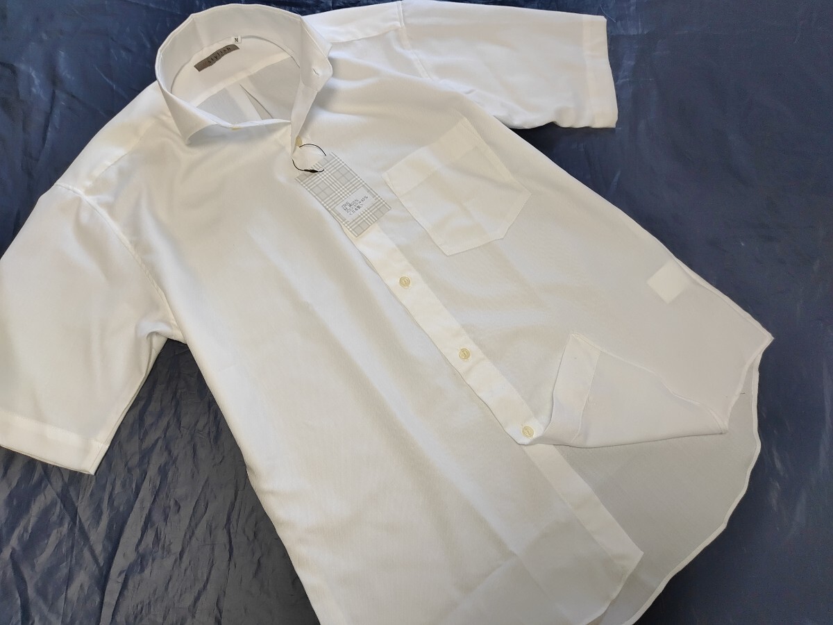 Ｌ寸・半袖新品／日本製・無地ホリゾンタルカラーシャツ■オフホワイト色ドビー柄