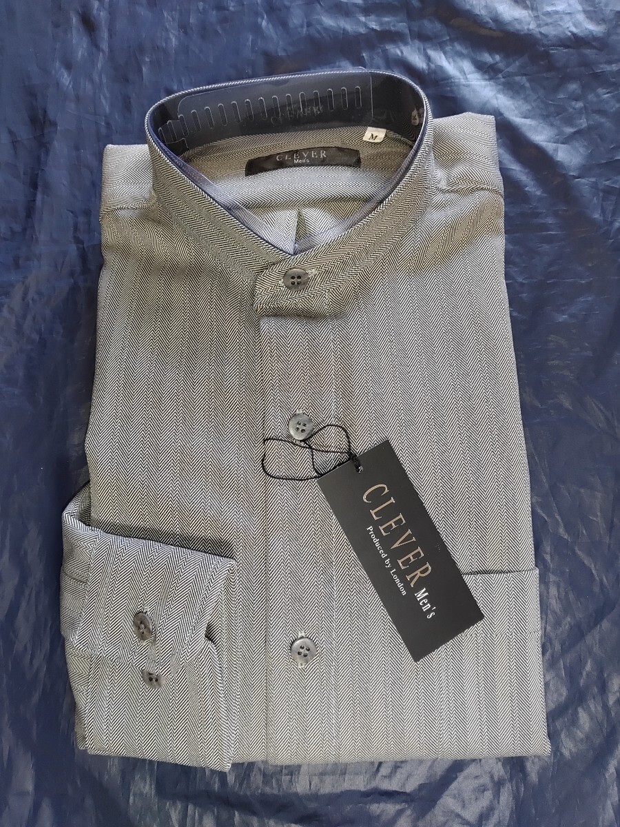 Ｌ寸・新品／日本製・スタンドカラーシャツ■グレー色ヘリンボーン柄の画像2