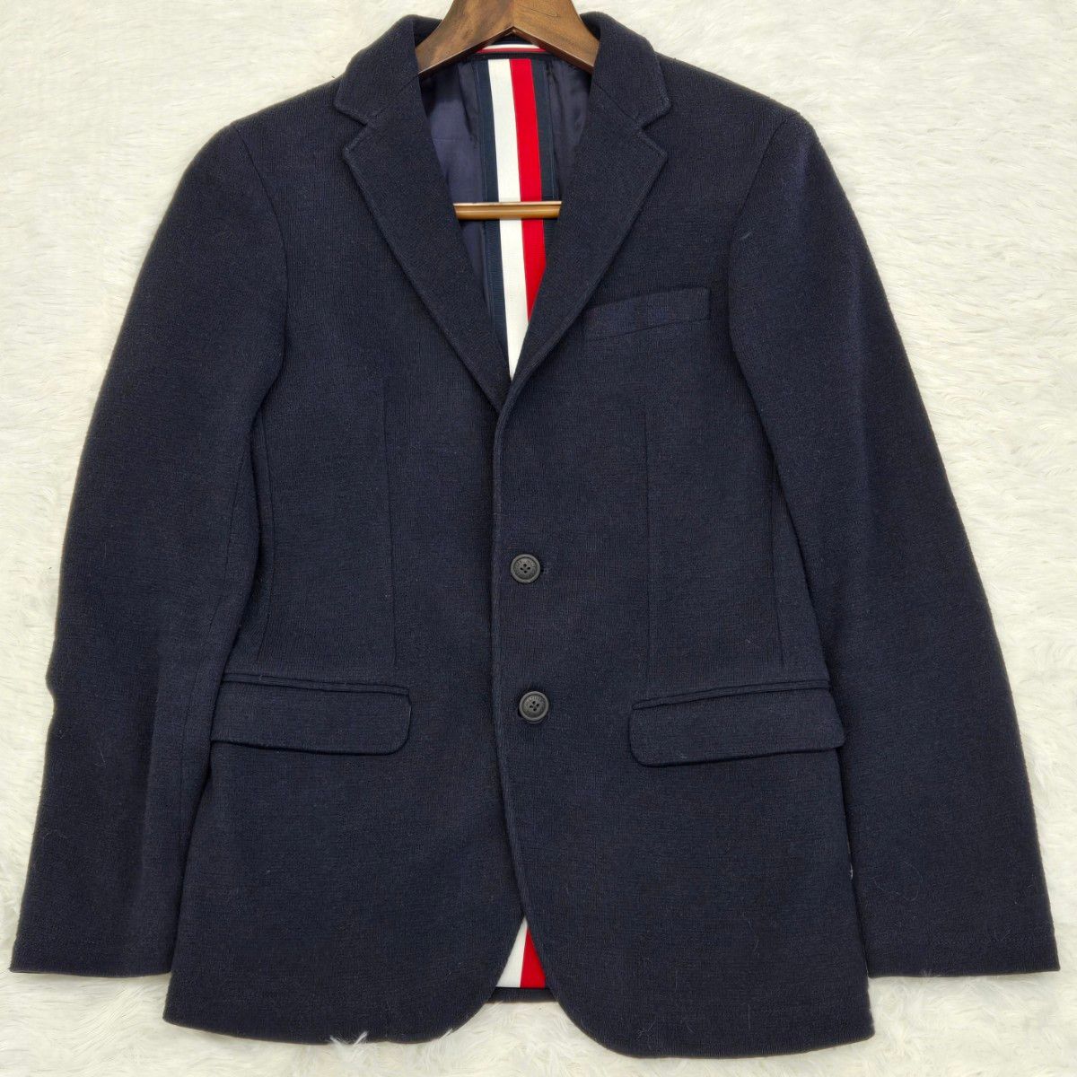 TOMMY HILFIGER トミーヒルフィガー テーラードジャケット 紺ブレザー ビジネス シグネチャーストライプ サイド44