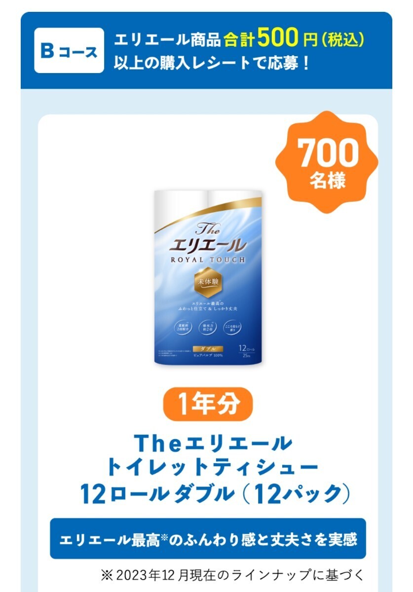 エリエール　家族で笑顔になろう！ キャンペーン 　Bコース　1口分　懸賞　抽選　応募　れし レシート　 送料0円可　_画像3