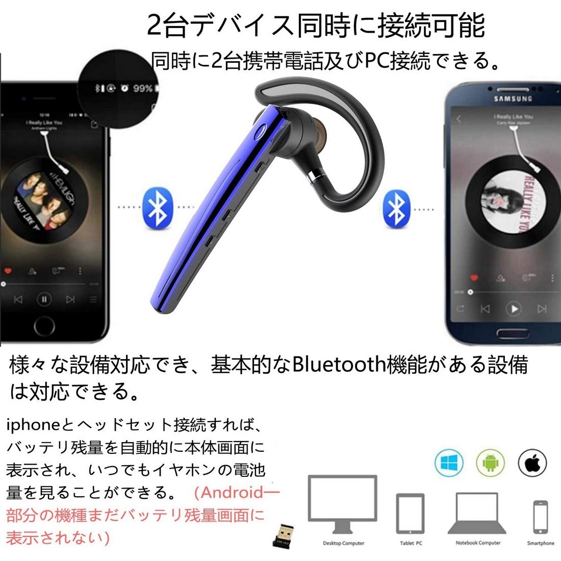 Bluetoothヘッドセット5.0 ワイヤレスブルートゥースヘッドセット高音質片耳内蔵マイクBluetoothイヤホン ハンズフリー通話_画像5