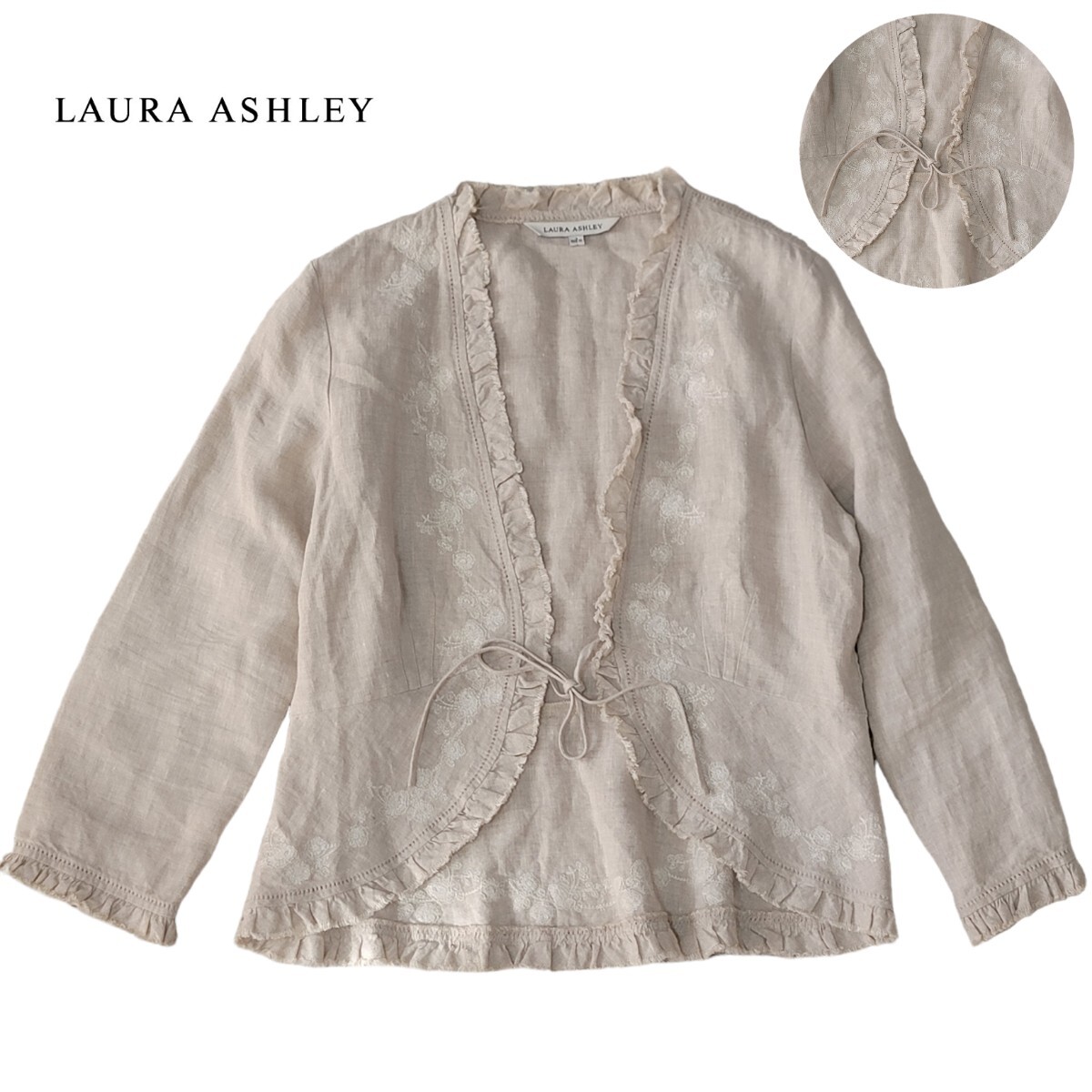 【魅惑のナチュラルテイスト】ローラアシュレイ LAURA ASHLEY リネンジャケット 11号 ノーカラージャケット 花柄 リネンカーディガン 刺繍 