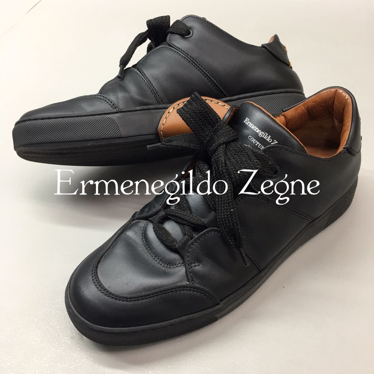 SU■ Ermenegildo Zegne エレメネジルドゼニア レザースニーカー 黒 ブラック サイズ61/2 メンズ 25.5cm相当 トリプルステッチ 靴 シューズ_画像1