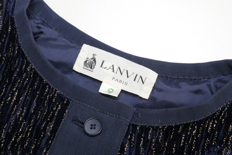 GP9531＝ランバン/LANVIN*ヴィンテージ*ベロア*ラメ糸*長袖*マキシ丈*ロングワンピース*ドレス*サイズ9*ネイビー系_画像6