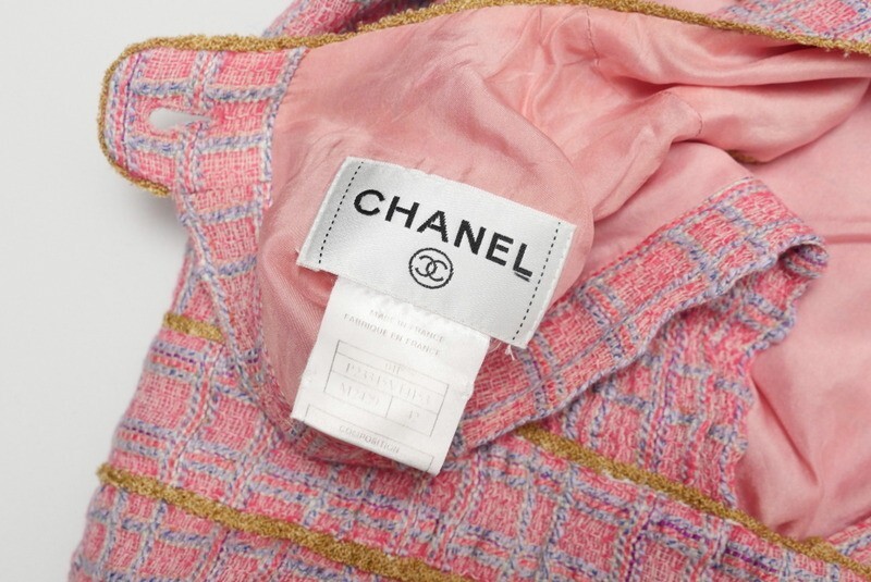 TH4997＝フランス製*シャネル CHANEL*04P*ツイード生地*チェック柄*ノースリーブ*ワンピース*ドレス*サイズ42*ピンク系_画像8