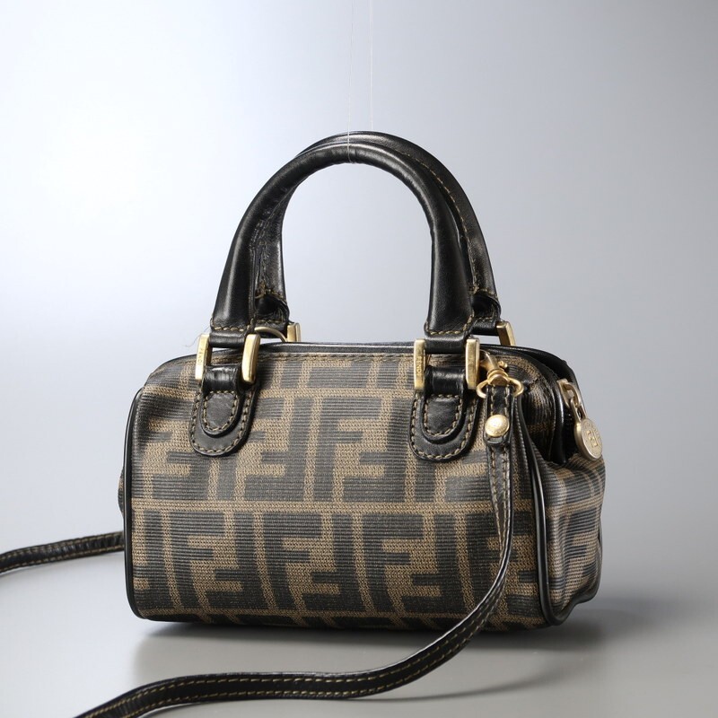 MG1637*イタリア製《FENDI フェンディ》vintage ダブルF FFロゴ ズッカ柄 ショルダー付き ミニボストンバッグ ハンドバッグ 鞄 ブラウン/黒の画像2