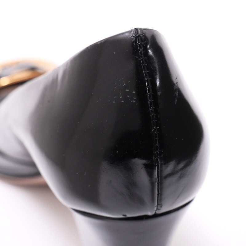 GO5560*イタリア製《PRADA プラダ》ロゴ メタル装飾 レザー オープントゥパンプス 37(24cm相当) 靴 ブラック_画像6
