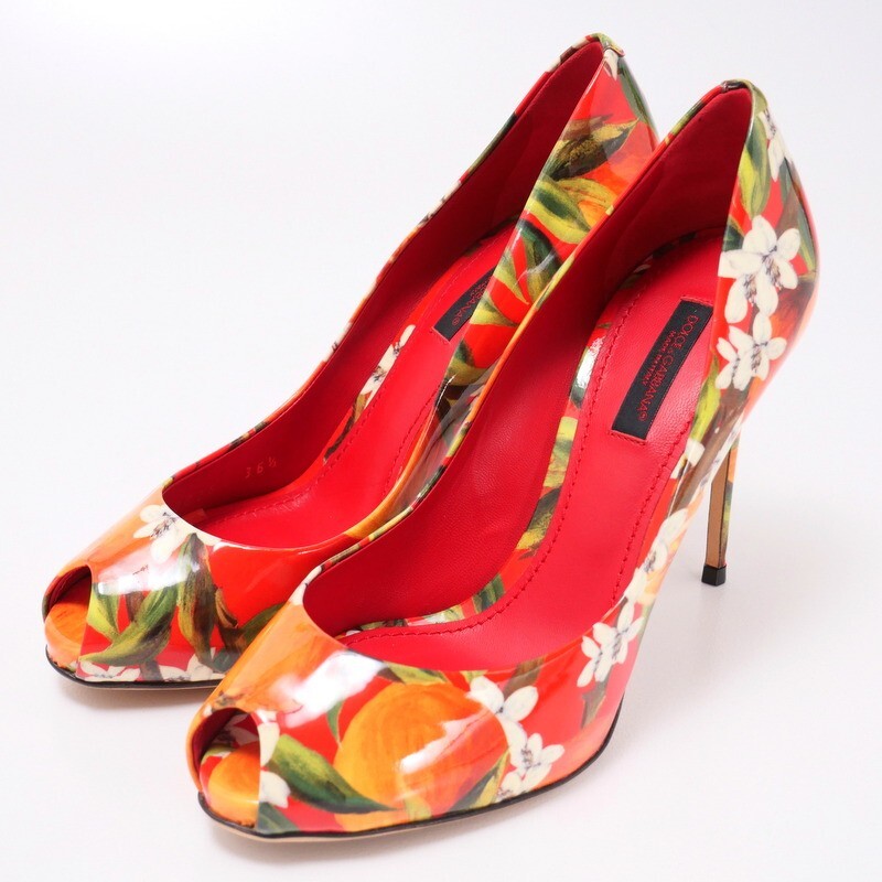 GP8511* Italy made * Dolce & Gabbana *pa tent leather * enamel * flower print * open tu pumps *Size 36.5* floral print * red group 