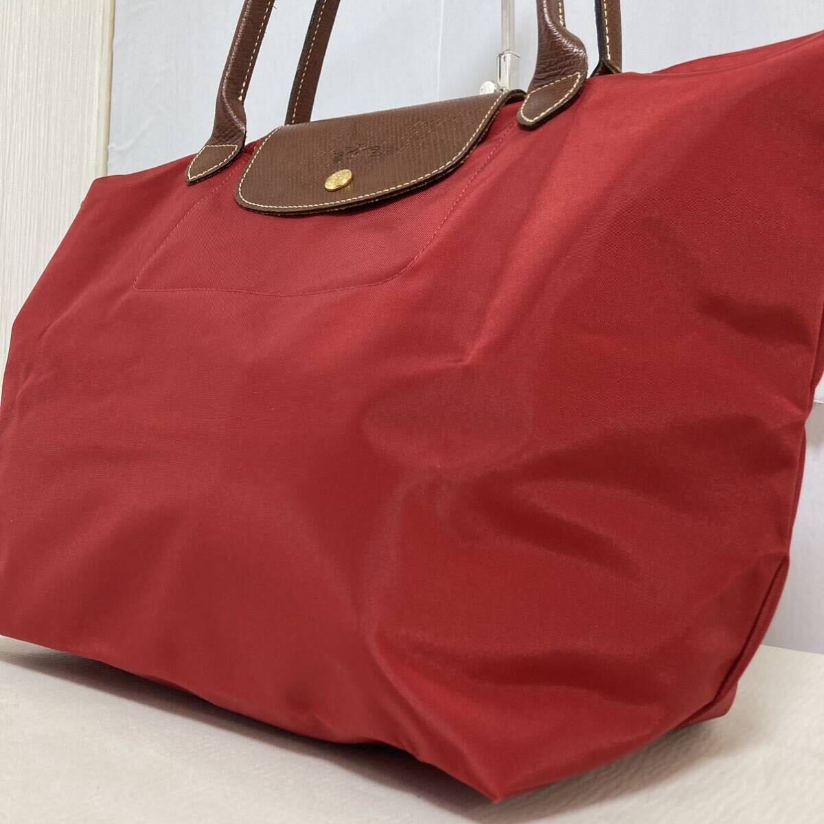  beautiful goods LONGCHAMPp rear -ju tote bag original leather nylon A4 correspondence L size shoulder .. lady's red Brown Long Champ 