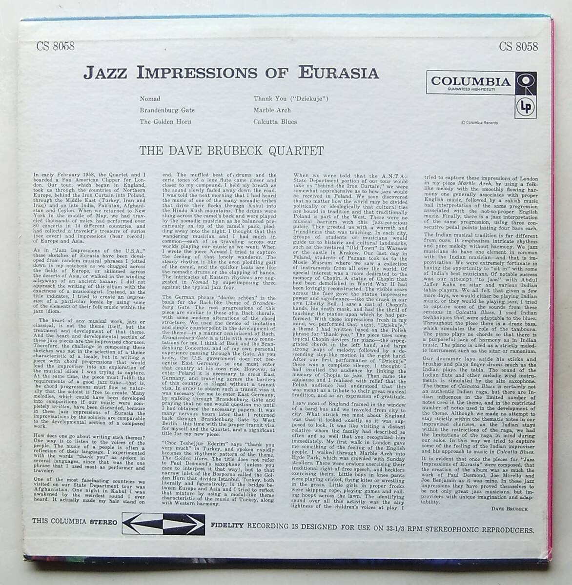 ◆ DAVE BRUBECK Quartet / Jazz Impressions of Eurasia ◆ Columbia CS 8058 (6eye) ◆ V_画像2