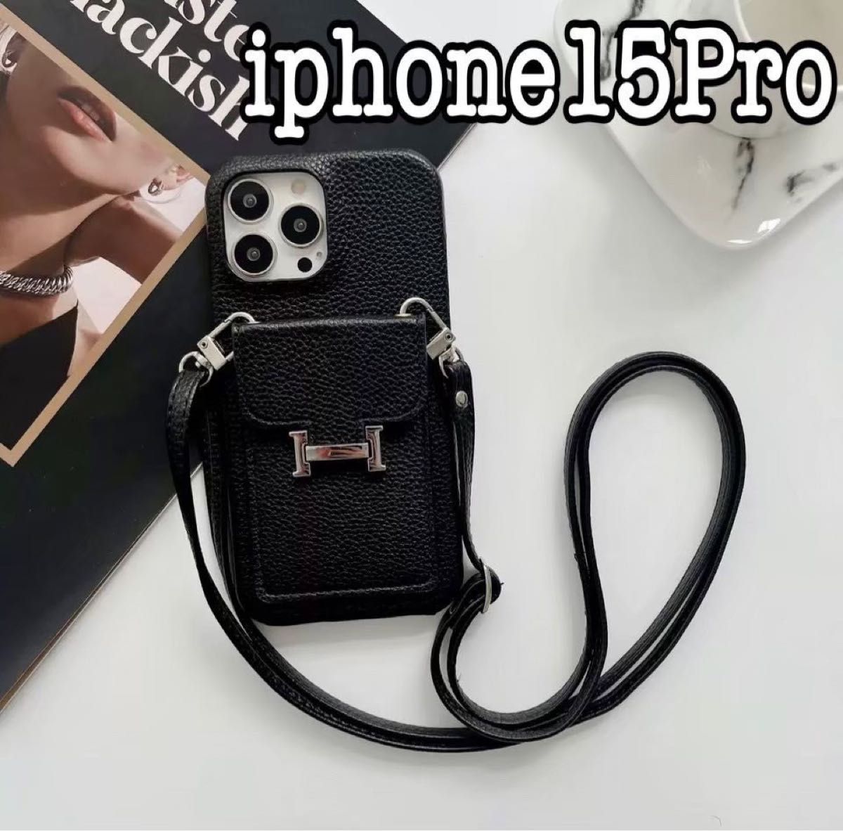 スマホショルダー iphone15proMax 韓国 ベージュブラック