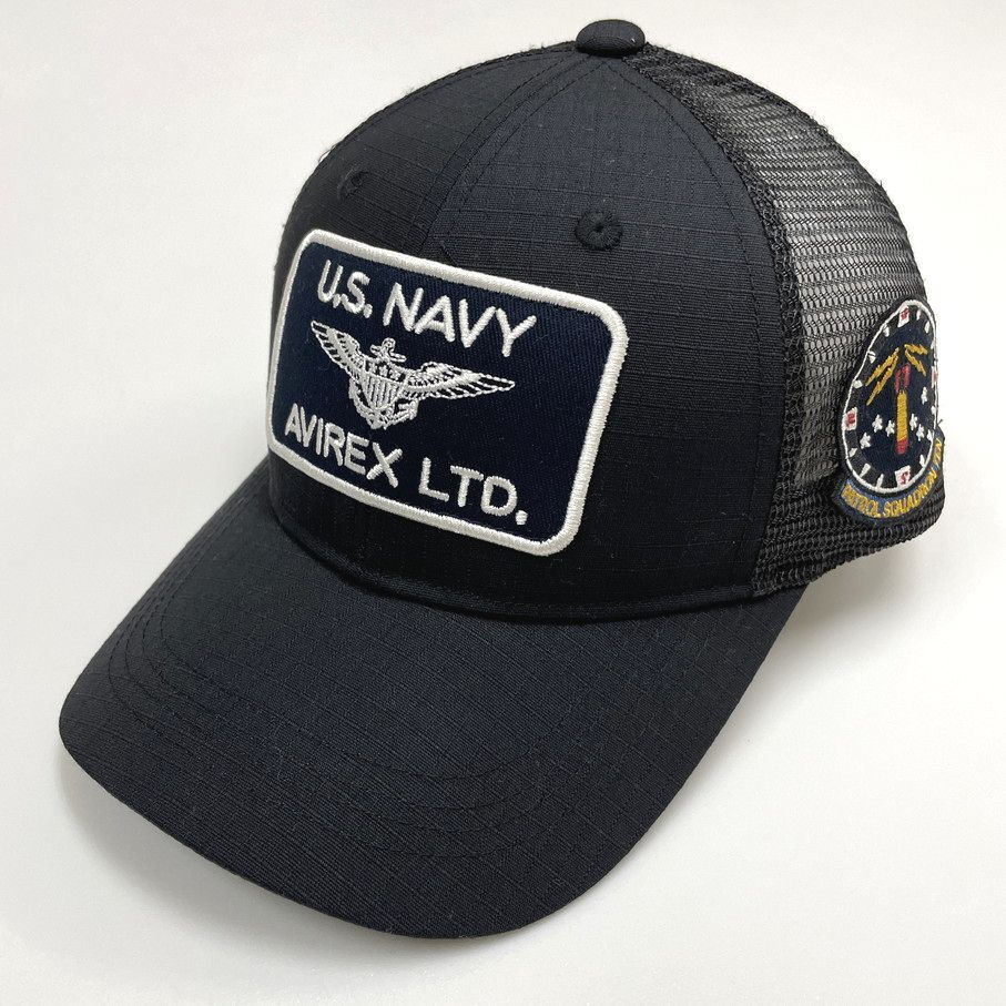 AVIREX ブラック メッシュキャップ 刺繍メンズ ミリタリーワッペン カジュアル アウトドア キャンプ U.S NAVY アビレックス アヴィレックス_画像2