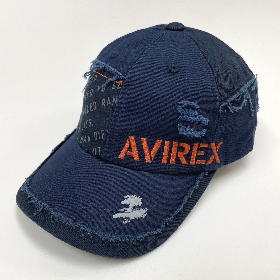 AVIREX ネイビー ダメージキャップ メンズ ミリタリー カジュアル アウトドア キャンプ 通勤ロゴオレンジ刺繍 アビレックス アヴィレックス