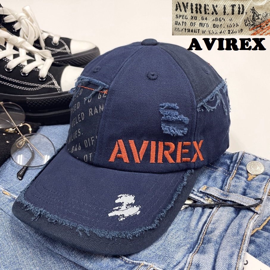 AVIREX ネイビー ダメージキャップ メンズ ミリタリー カジュアル アウトドア キャンプ 通勤ロゴオレンジ刺繍 アビレックス アヴィレックス