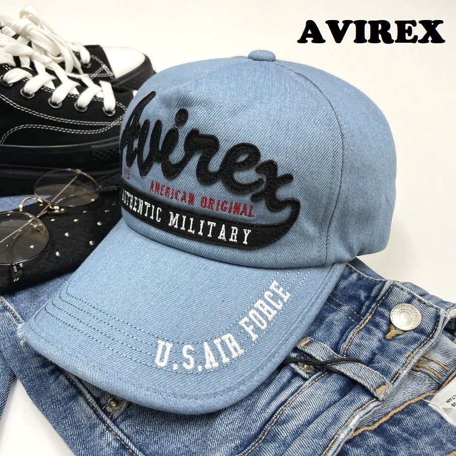 未使用品 AVIREX サックス デニムキャップ U.S.AIR FORCE メンズ ダメージ加工 カジュアルアウトドアキャンプ アビレックス アヴィレックス