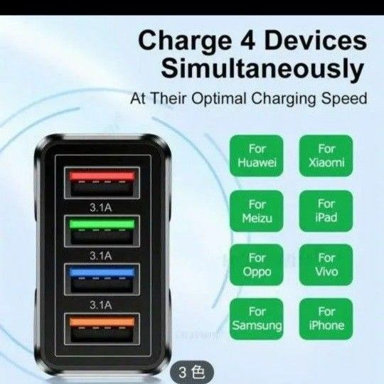 4ポートUSB携帯充電器　3A  同時充電　ブラックカラー　LED発光　アメリカ規格　ヨーロッパ規格　イギリス規格　旅行充電パック