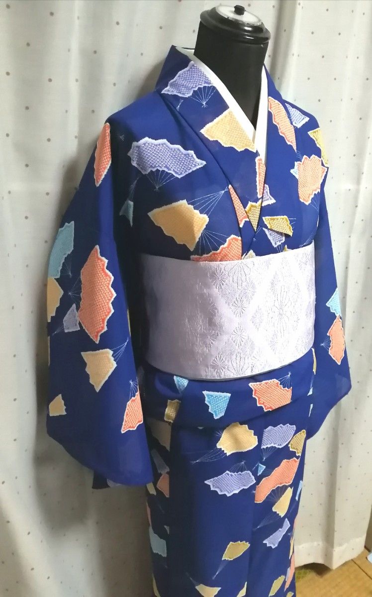 夏着物 単衣 絽 ポリエステル 　 紺色地に扇柄