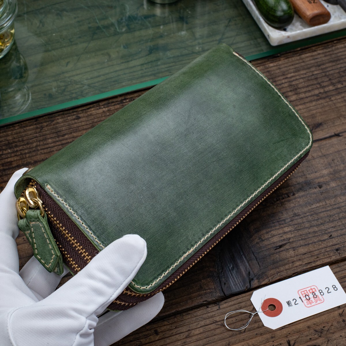 [ the truth thing photographing ] new goods b ride ru leather double fastener original leather men's long wallet round fastener unused free shipping 1 jpy green green rice field middle leather .