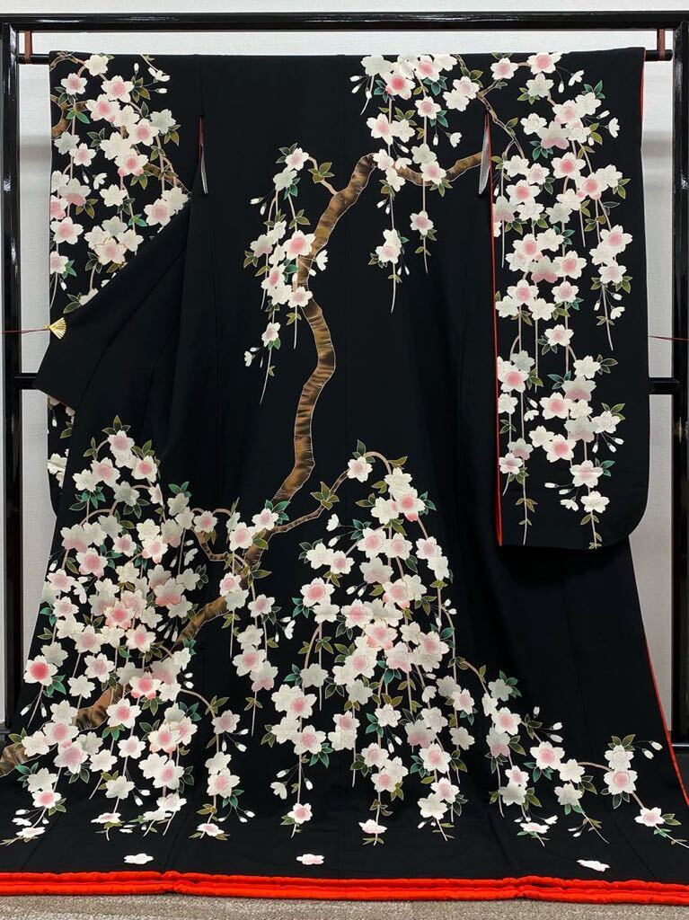  type .. discount long-sleeved kimono wedding costume bride costume . discount .. ratio wing tailoring .. cloth blow . cotton gold piece Sakura writing sama silk black color 