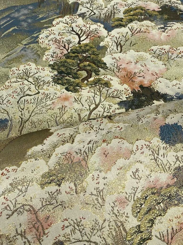 壱阡八百口織 西陣あさぎ 袋帯 未仕立て品 吉野山の桜 金糸 正絹の画像4