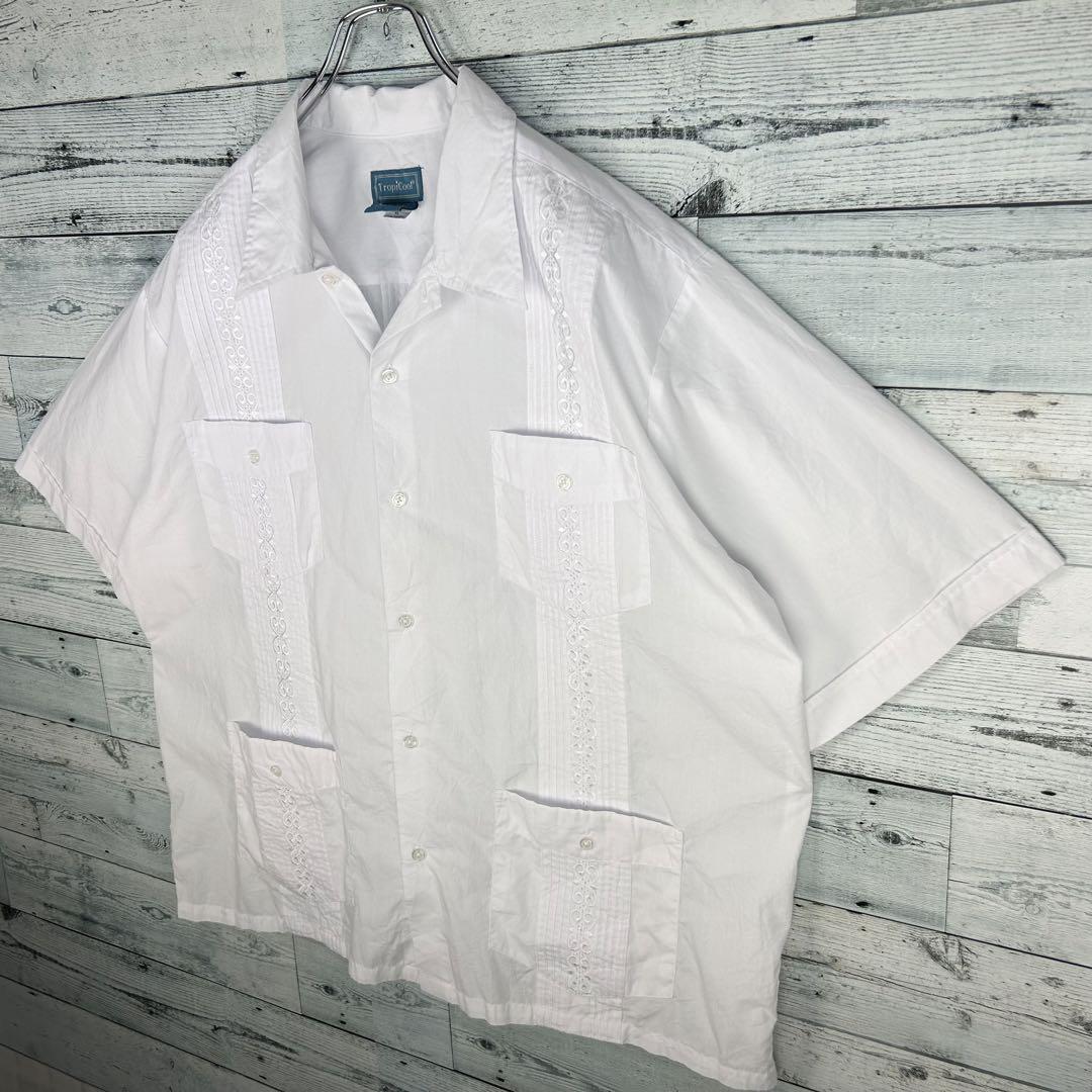 ヴィンテージ 刺繍デザイン 4ポケット 半袖 キューバシャツ ホワイト XL_画像4
