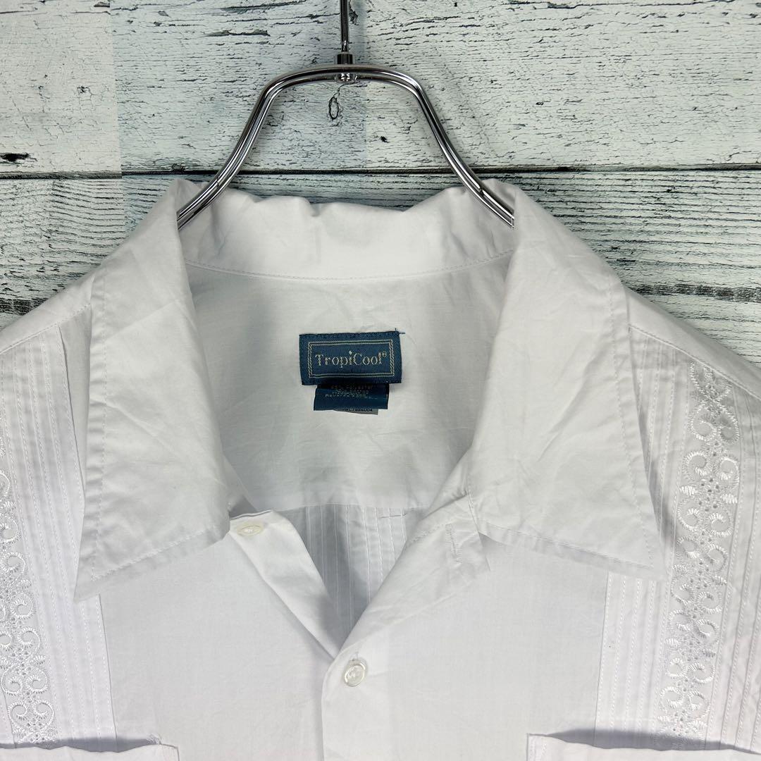 ヴィンテージ 刺繍デザイン 4ポケット 半袖 キューバシャツ ホワイト XL_画像6