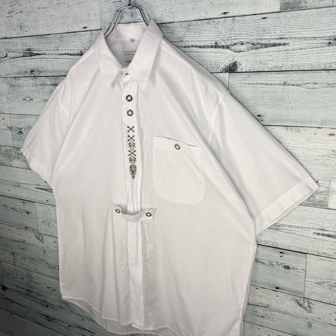 ヴィンテージ 刺繍デザイン 胸ポケット 半袖 チロリアンシャツ ホワイト XL