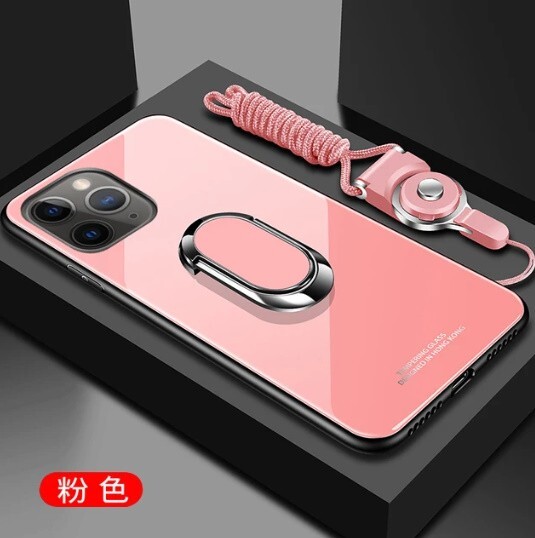 iPhone XS Max リング付き 強化ガラスシェル 9H 磁気スタンド ケース カバー iPhone XR iPhone X XS_ピンク