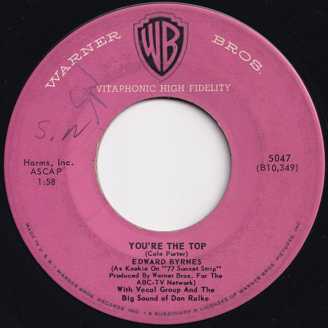 Edward Byrnes Kookie, Kookie (Lend Me Your Comb) / You're The Top Warner Bros. US 5047 206684 R&B R&R レコード 7インチ 45_画像2