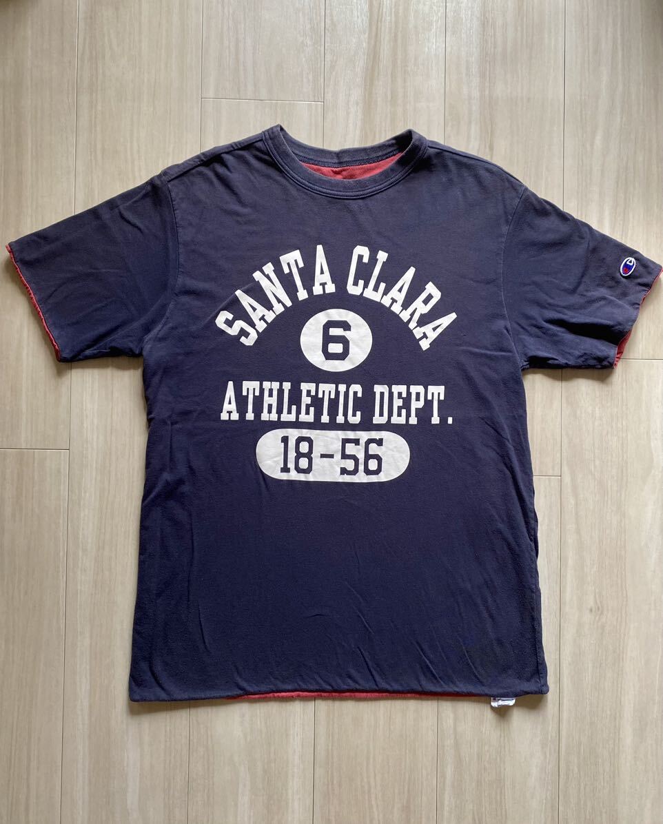 Champion double faced T-shirt #L size # Champion short sleeves reversible college Logo print navy American Casual old clothes 