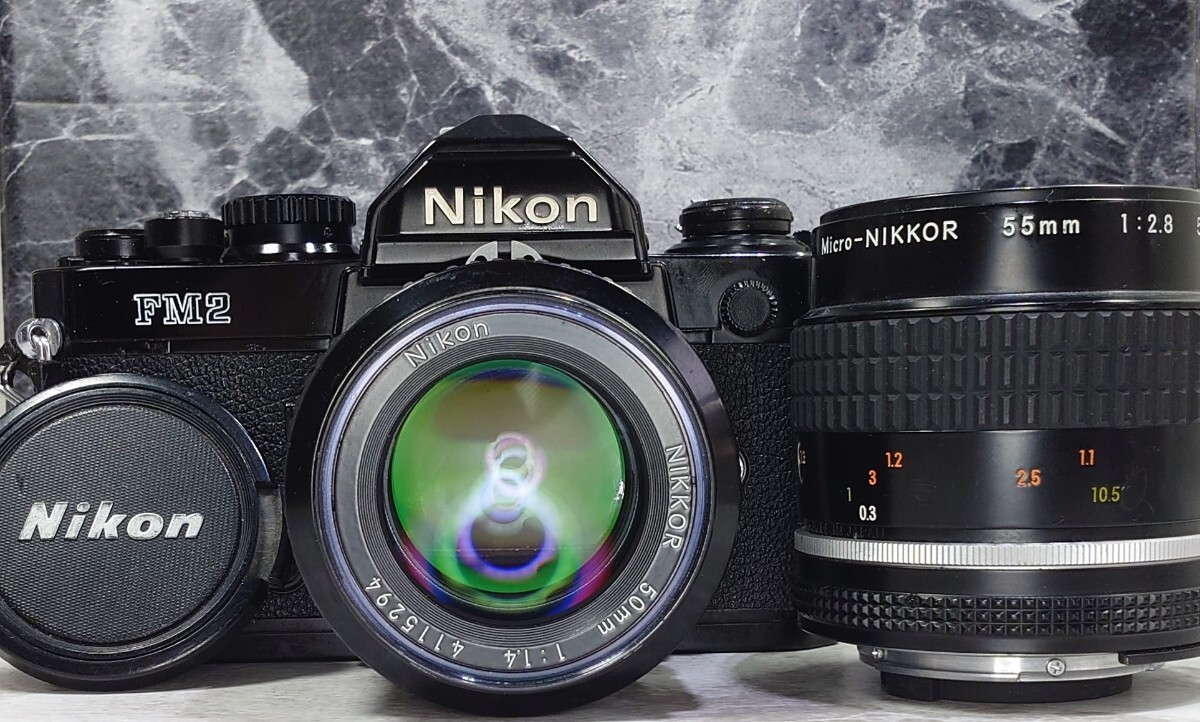 【終活整理】 Nikon FM2 黒＋Ai NIKKOR 50mm f1.4＋Ai-s Micro-NIKKOR 55mm f2.8 マクロ 単焦点2本セット 各動作良好 露出計OK 光学良好_画像1