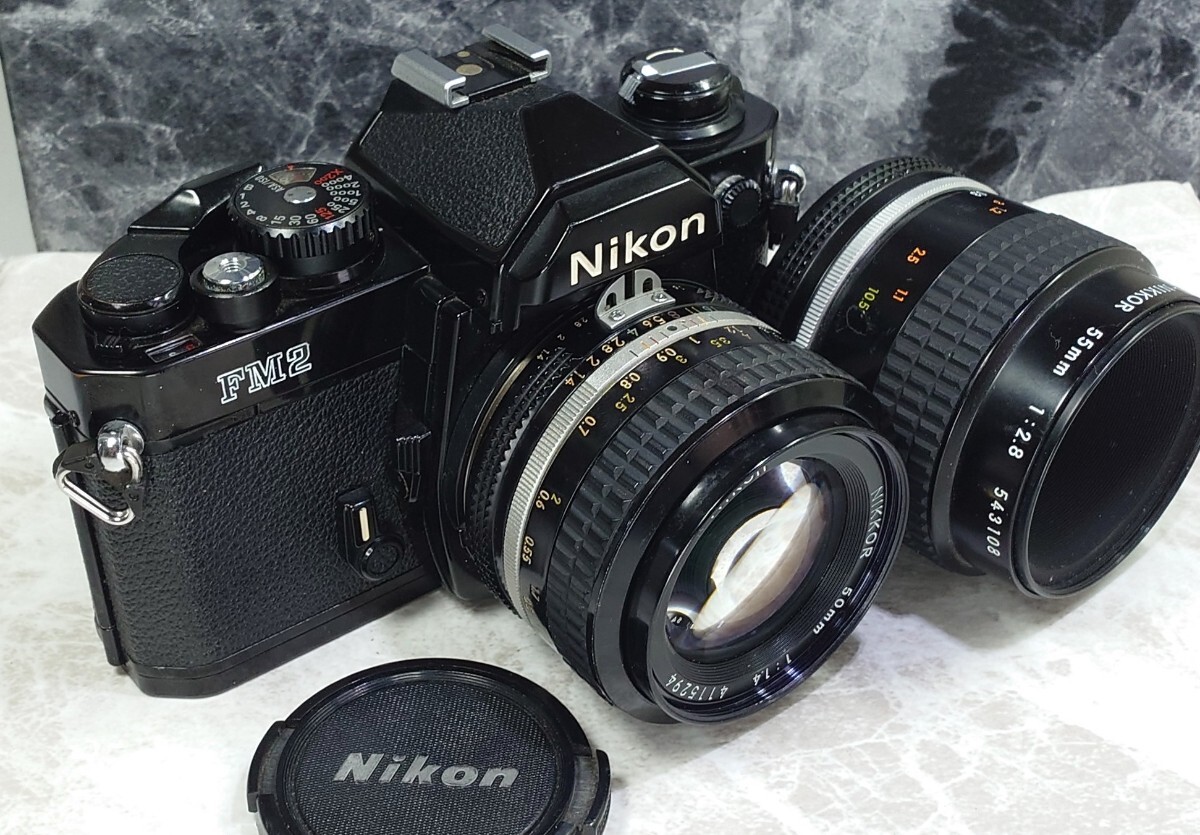 【終活整理】 Nikon FM2 黒＋Ai NIKKOR 50mm f1.4＋Ai-s Micro-NIKKOR 55mm f2.8 マクロ 単焦点2本セット 各動作良好 露出計OK 光学良好_画像2