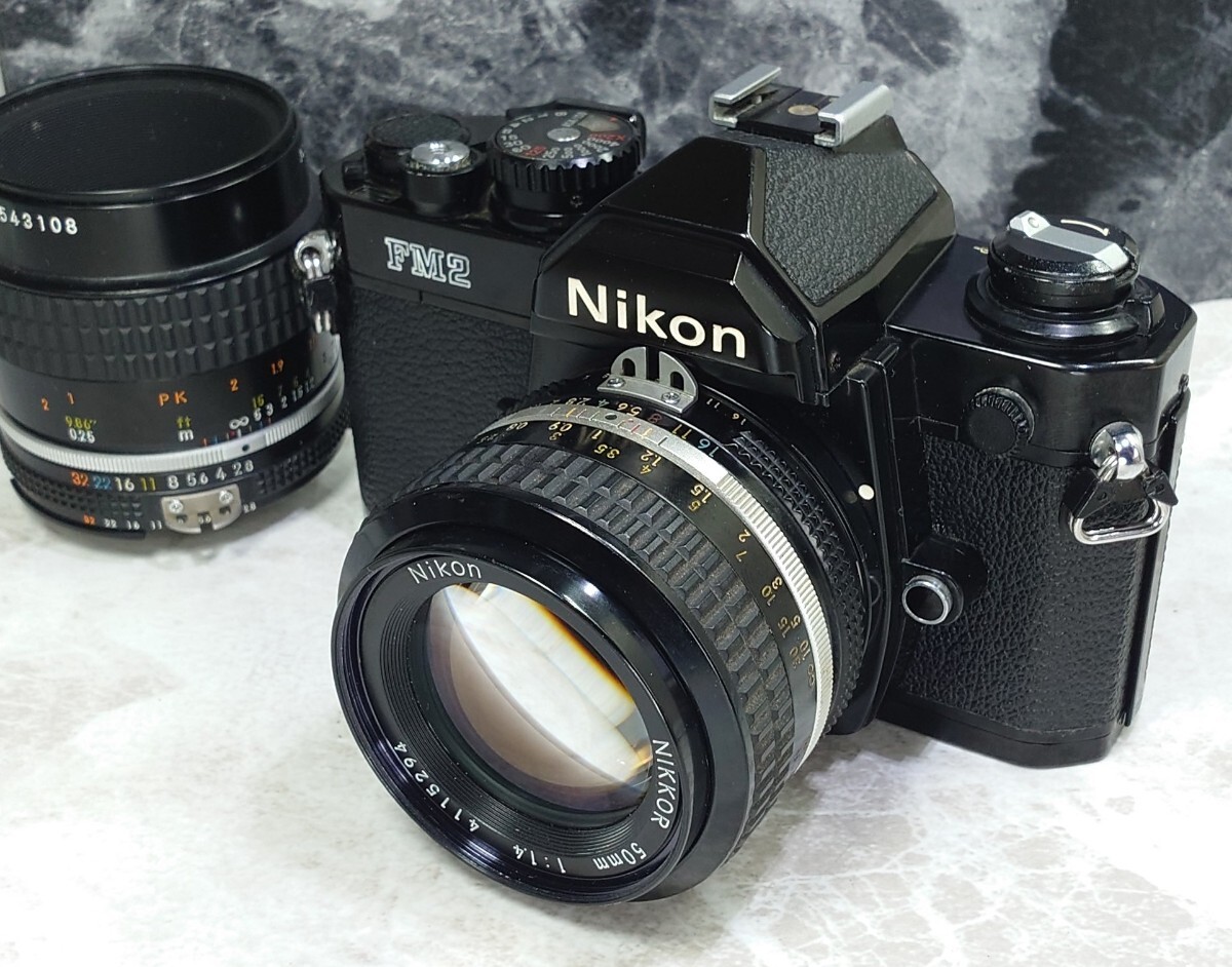 【終活整理】 Nikon FM2 黒＋Ai NIKKOR 50mm f1.4＋Ai-s Micro-NIKKOR 55mm f2.8 マクロ 単焦点2本セット 各動作良好 露出計OK 光学良好_画像3