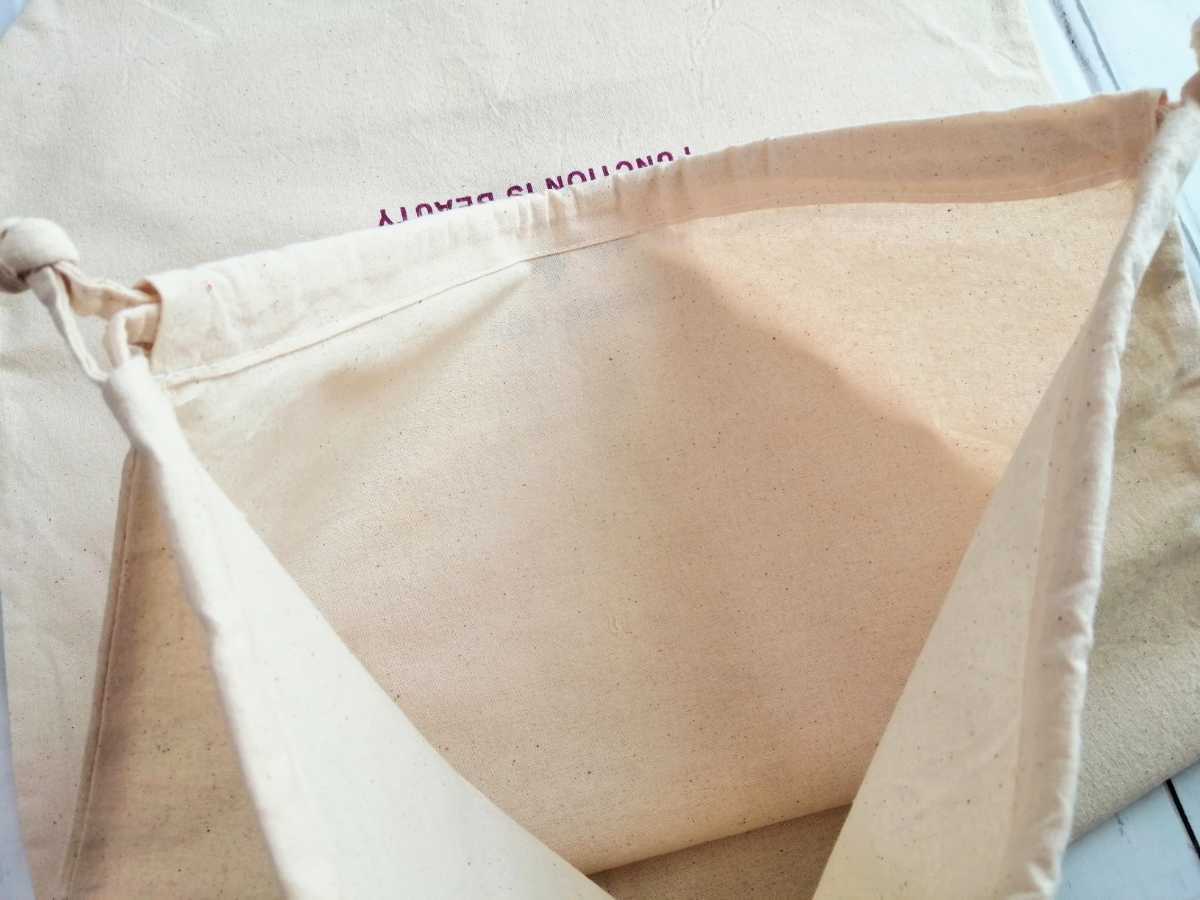 新品「mont-bell 生成り帆布生地 巾着袋／収納袋 サイズ：縦60×横幅40×マチ10（㎝）」モンベル布製スタッフバッグ 