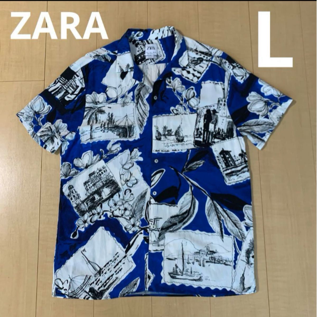 ZARA　ザラ　オープンカラーシャツ　半袖シャツ　開襟シャツ　花柄　アート　総柄　Lサイズ